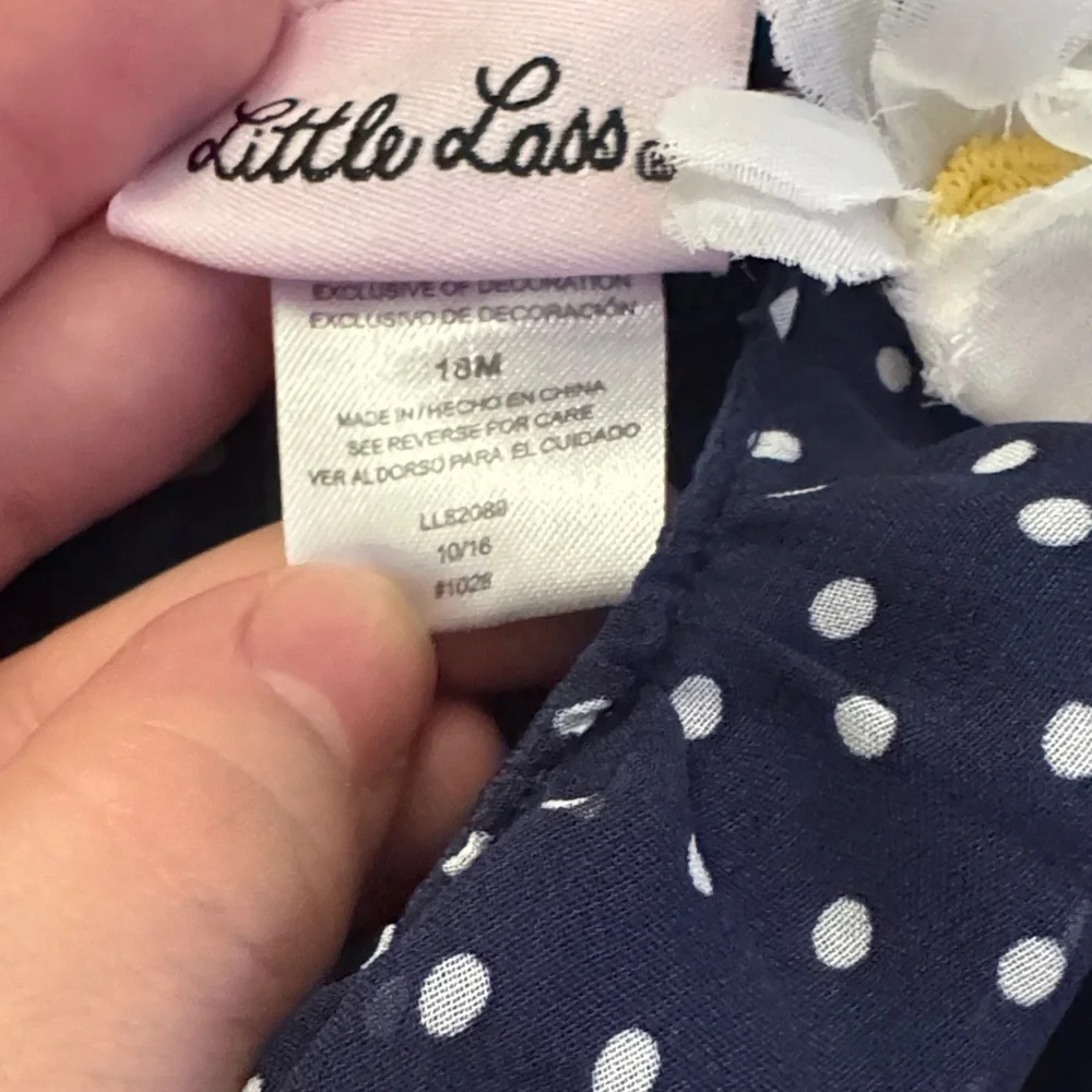 Little Lass Navy and White Polka Dot Dress with Lace Trim